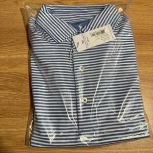 Fairway and Greene Tiki Polo Stripe Jersey Baltic Thistle Size Medium New